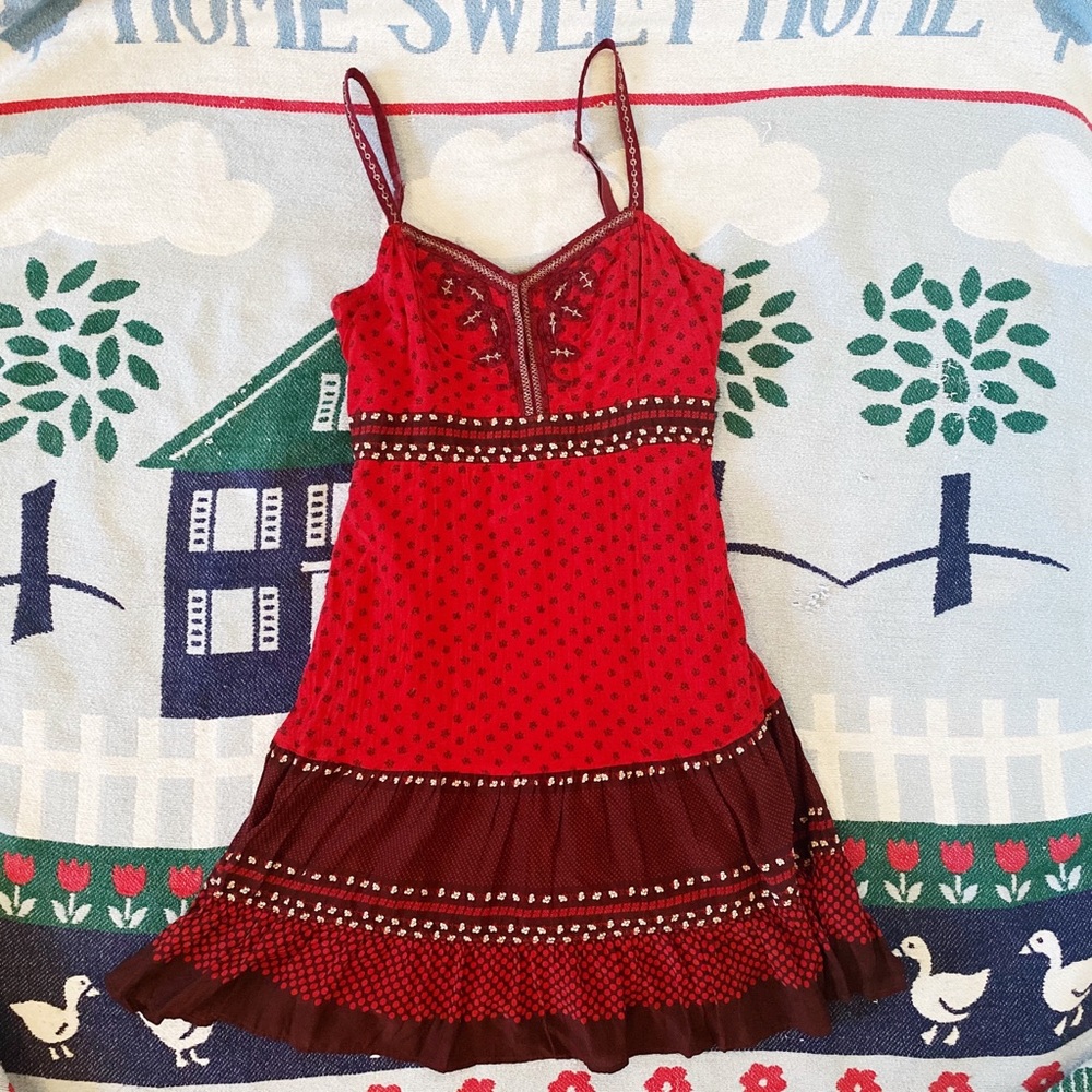Free People Red Boho Hippie Tiered Ruffle Dress